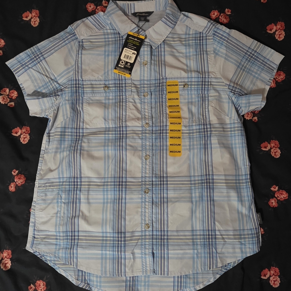 Womans Eddie Bauer Light Blue Plaid Casual Shirt